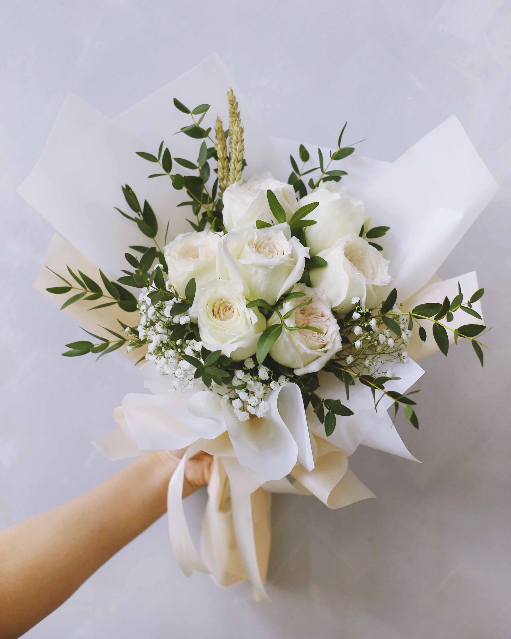 White Rose Bouquet With Baby Breath