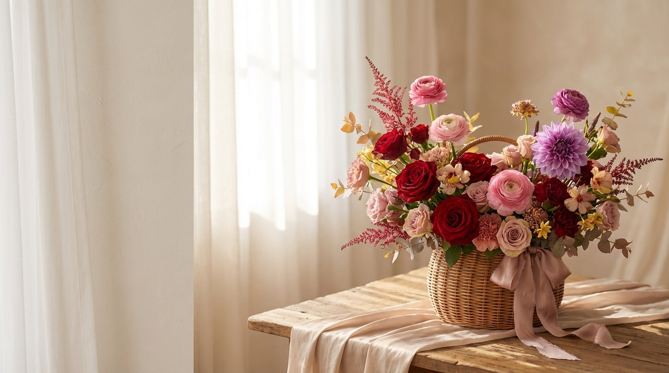 Anniversary flowers - romantic red roses and pink ranunculus in a basket