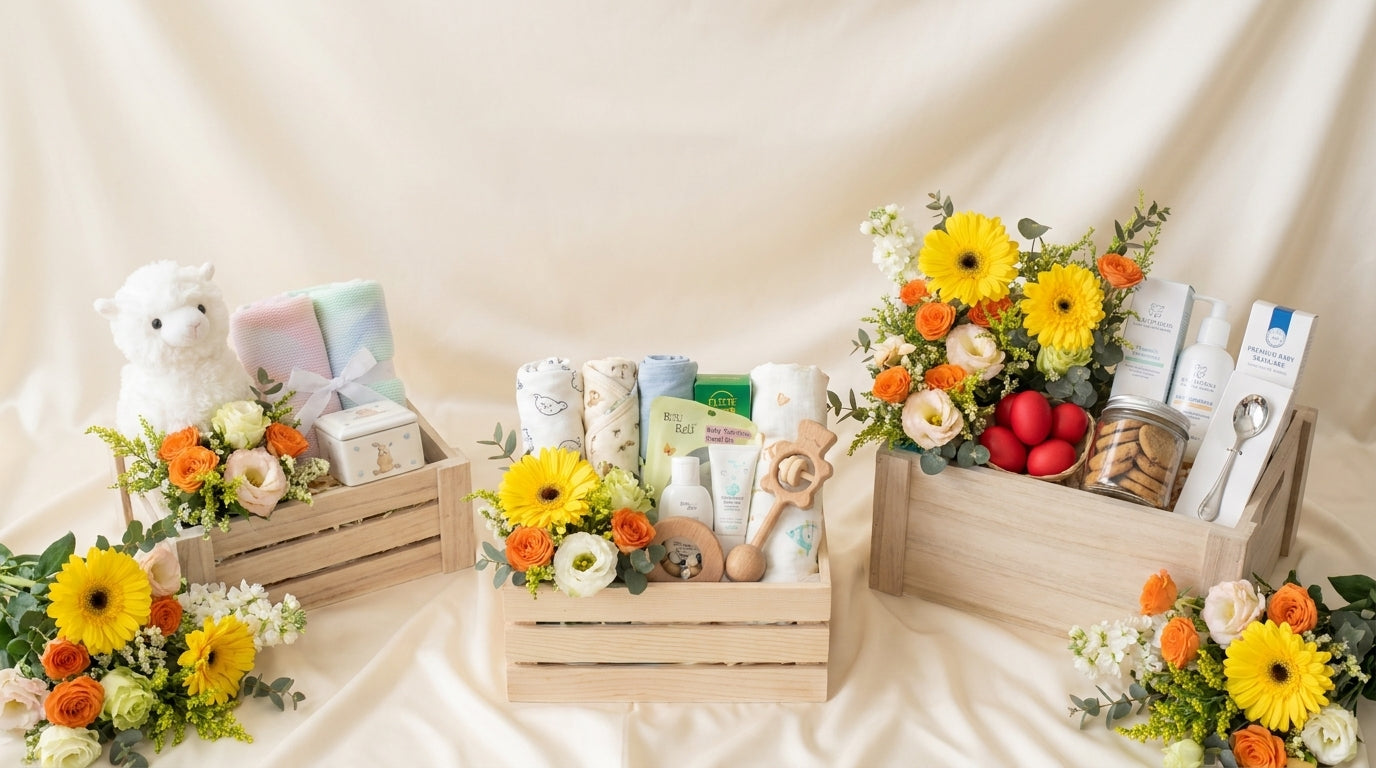 Three Singaporean newborn milestones styled as editorial baby hampers by Windflower Florist