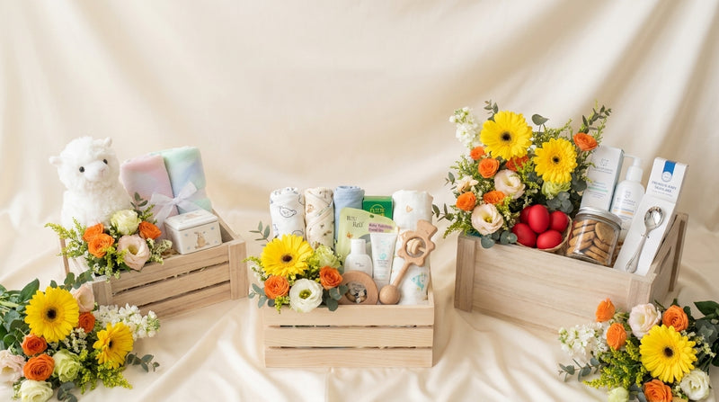 Three Singaporean newborn milestones styled as editorial baby hampers by Windflower Florist