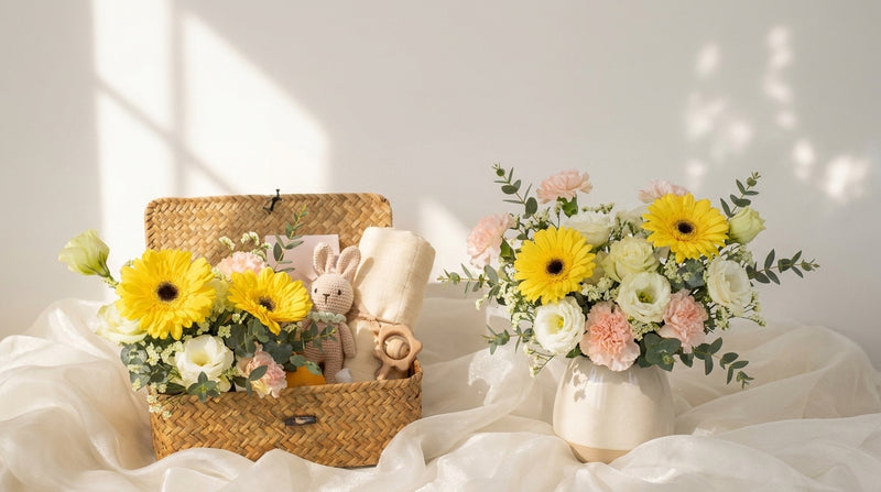 Baby hamper Singapore with fresh seasonal bouquet for newborn arrival by Windflower Florist