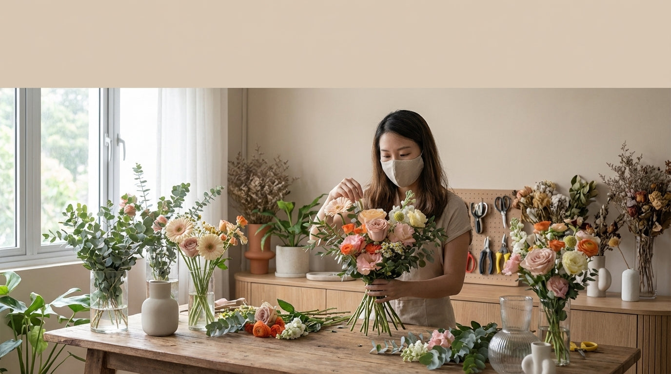 Florist wearing a mask arranging flower vase arrangements during COVID circuit breaker in Singapore