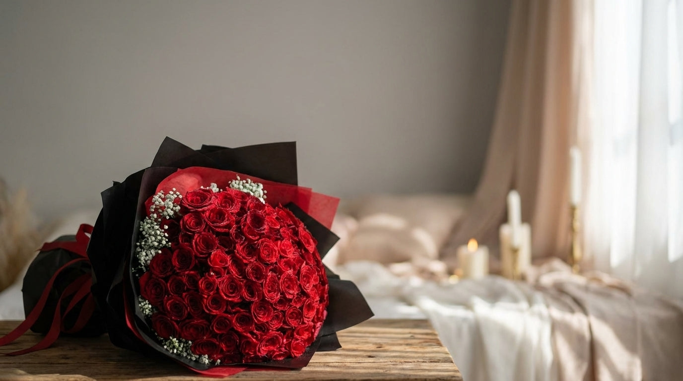 Proposal flowers - grand bouquet of 108 red roses with baby's breath