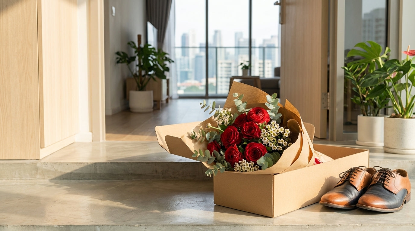Fresh flower subscription delivery arriving at a Singapore apartment doorstep