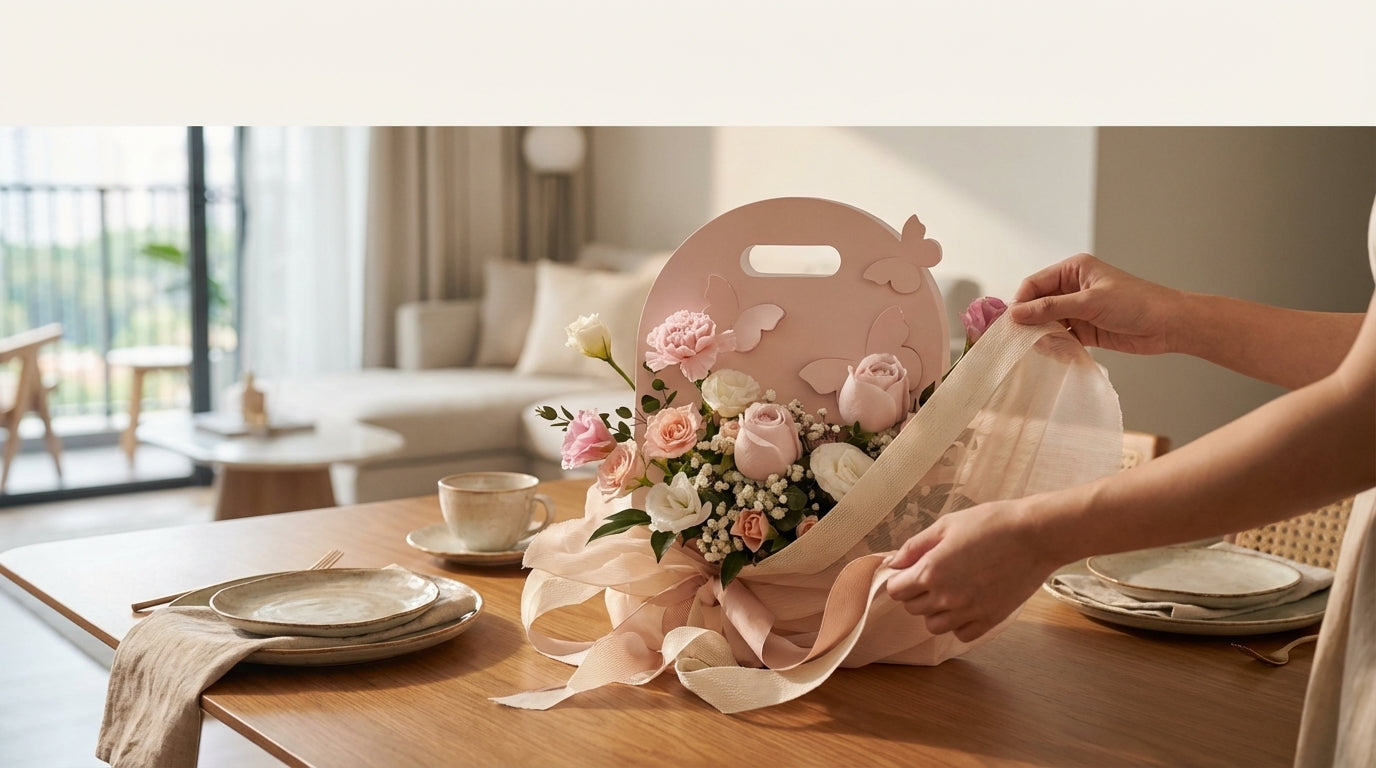 Flower box arrangement being unwrapped as a gift on a modern Singapore dining table
