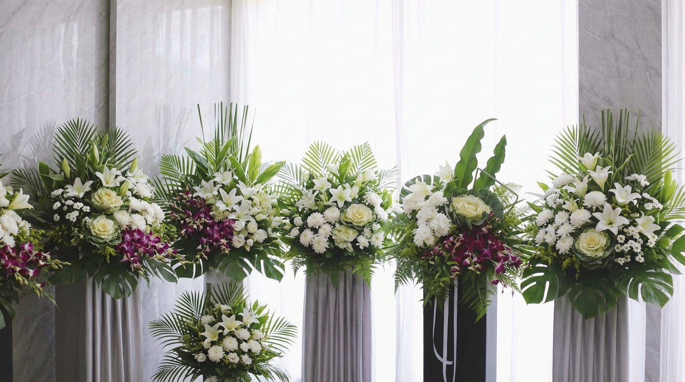 Condolence flower stands with white lilies and chrysanthemums at a Singapore funeral parlour