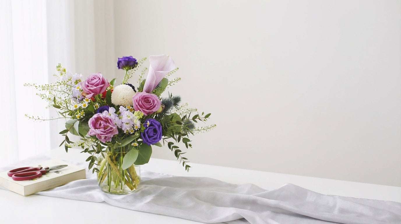 Flowers representing healing and strength - serene purple and pink vase arrangement