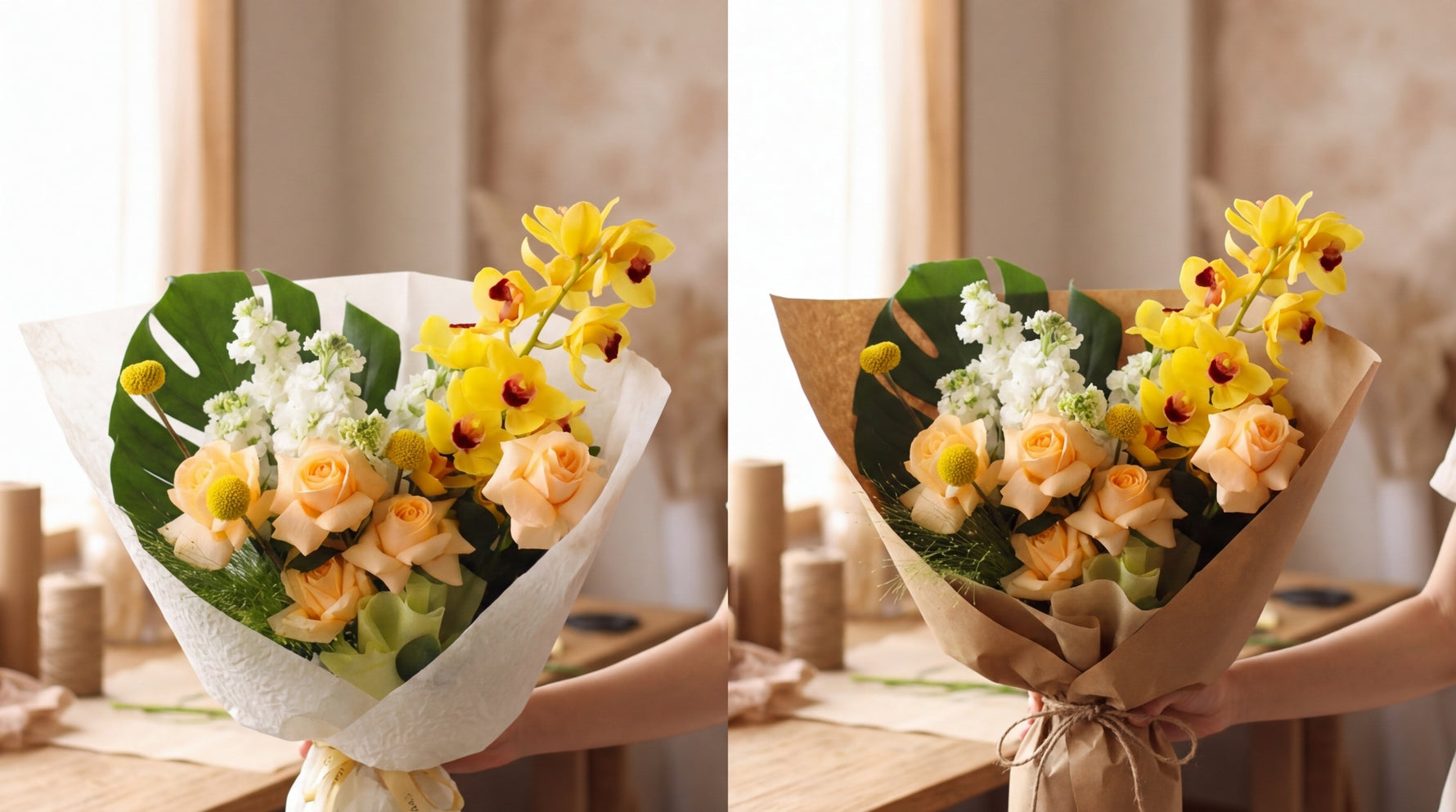 Kraft paper hand bouquet with mixed wildflowers representing modern Singapore floristry