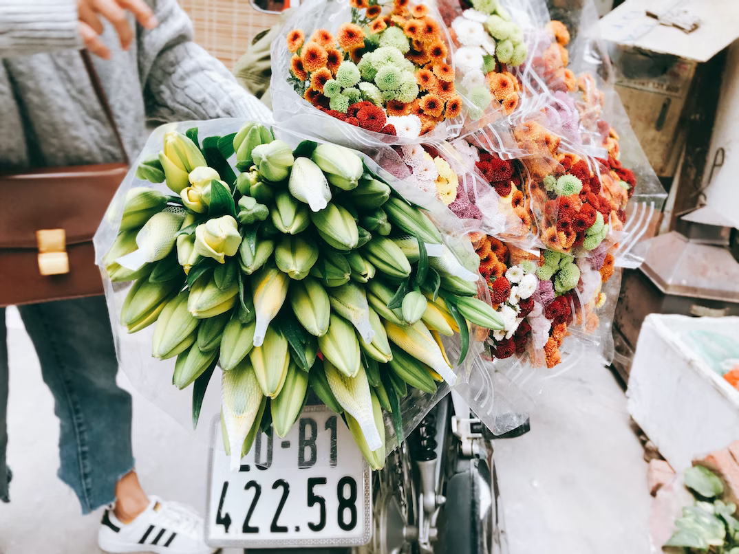 Bouquet of flowers on top of a vehicle