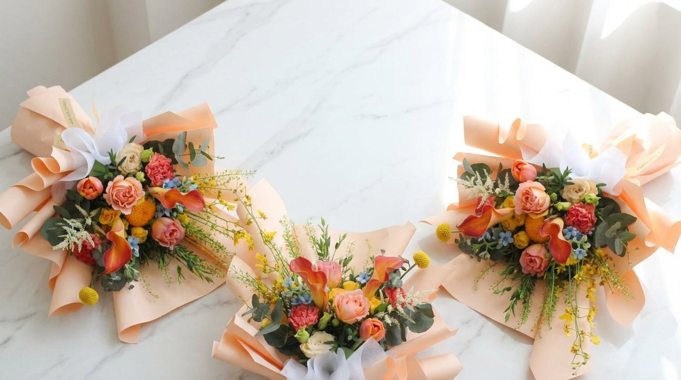 Best hand bouquets in Singapore - three colourful hand-tied bouquets on marble surface