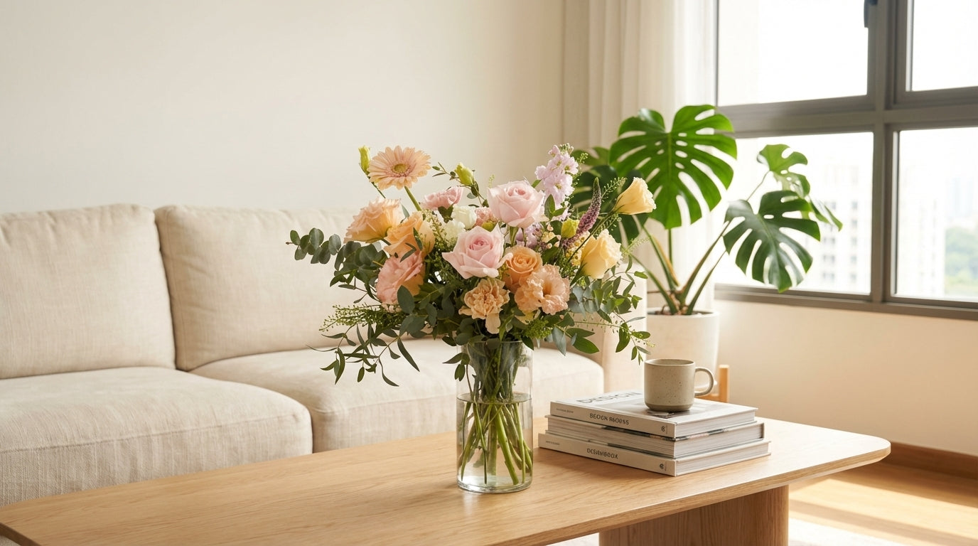 Flower vase arrangement on a modern Singapore living room coffee table with warm natural lighting