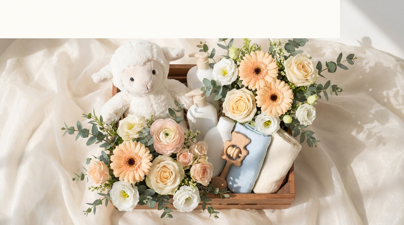 Editorial baby hamper Singapore with pastel bouquet, baby plush, swaddle and toiletries by Windflower Florist