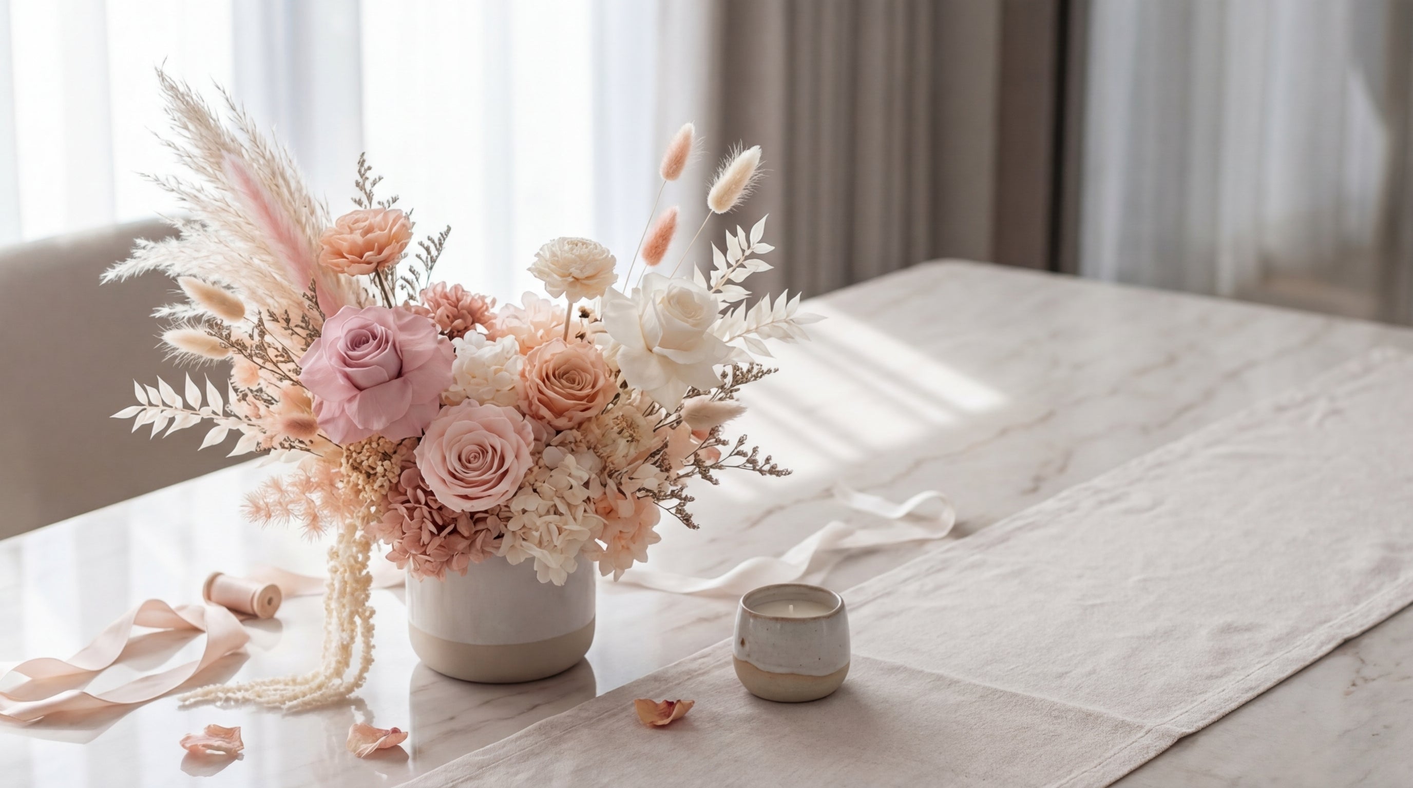 Modern preserved flower arrangement in a jar showing vibrant colours against minimal backdrop