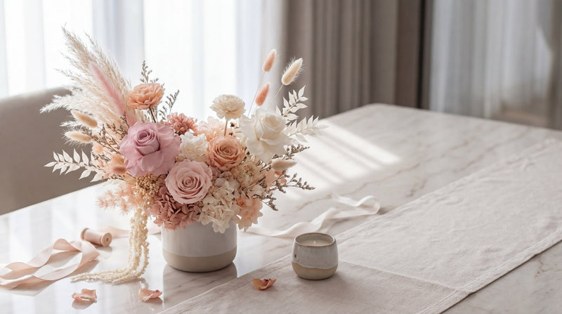 Modern preserved flower arrangement in a jar showing vibrant colours against minimal backdrop