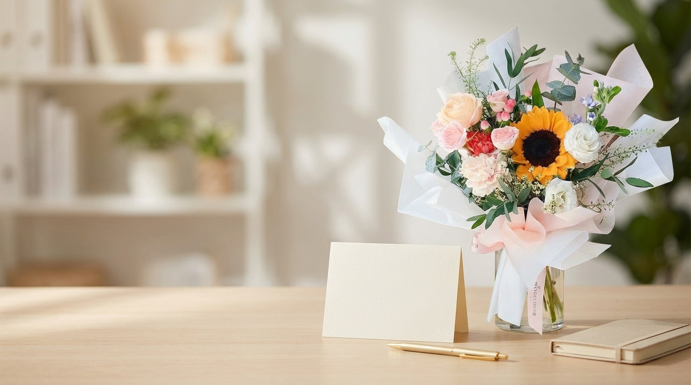 Farewell flowers - cheerful sunflower and rose bouquet on office desk with card
