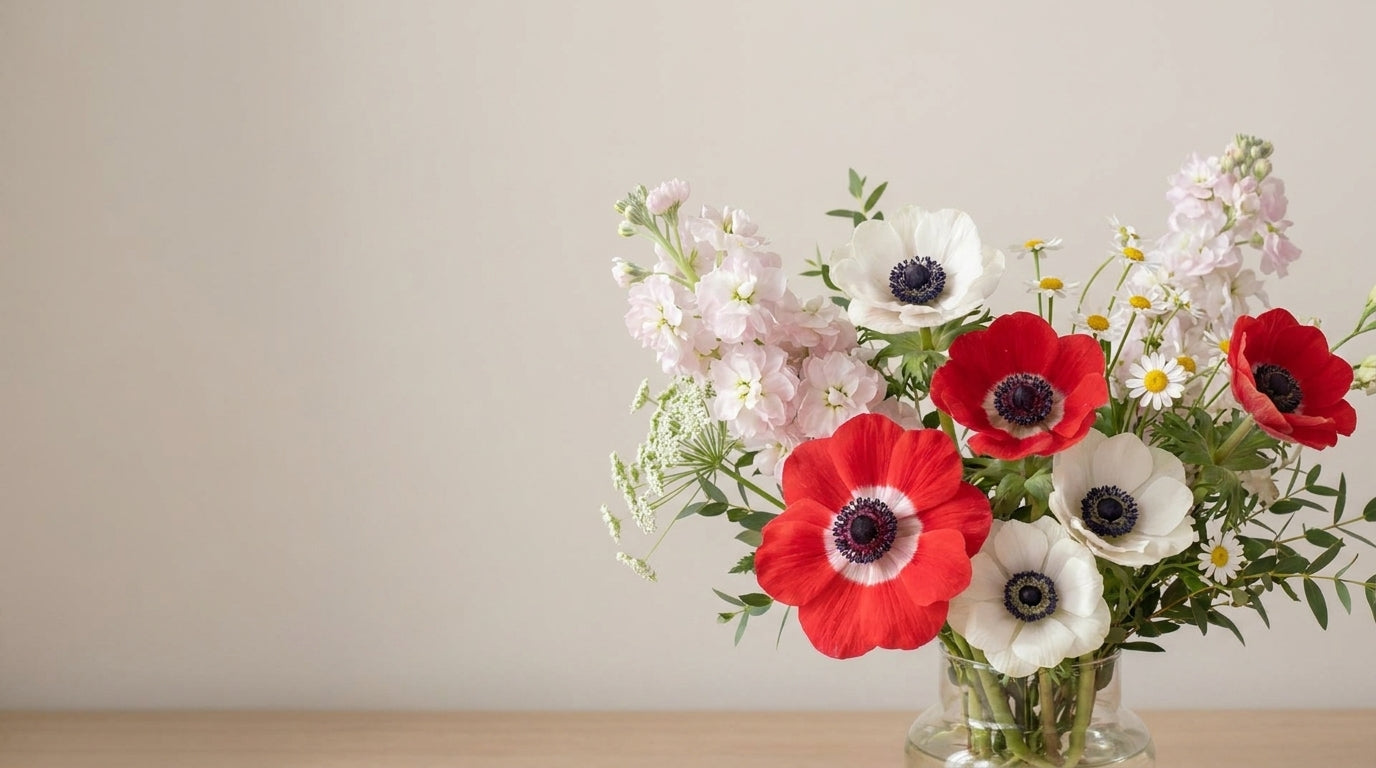 Anemone bouquet in glass vase, the namesake bloom of Windflower Florist Singapore
