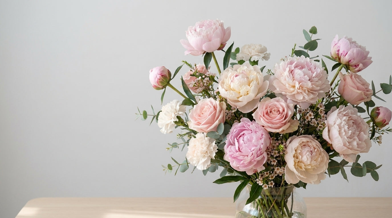 Lush pink and cream peony arrangement, editorial Windflower Florist Singapore hero
