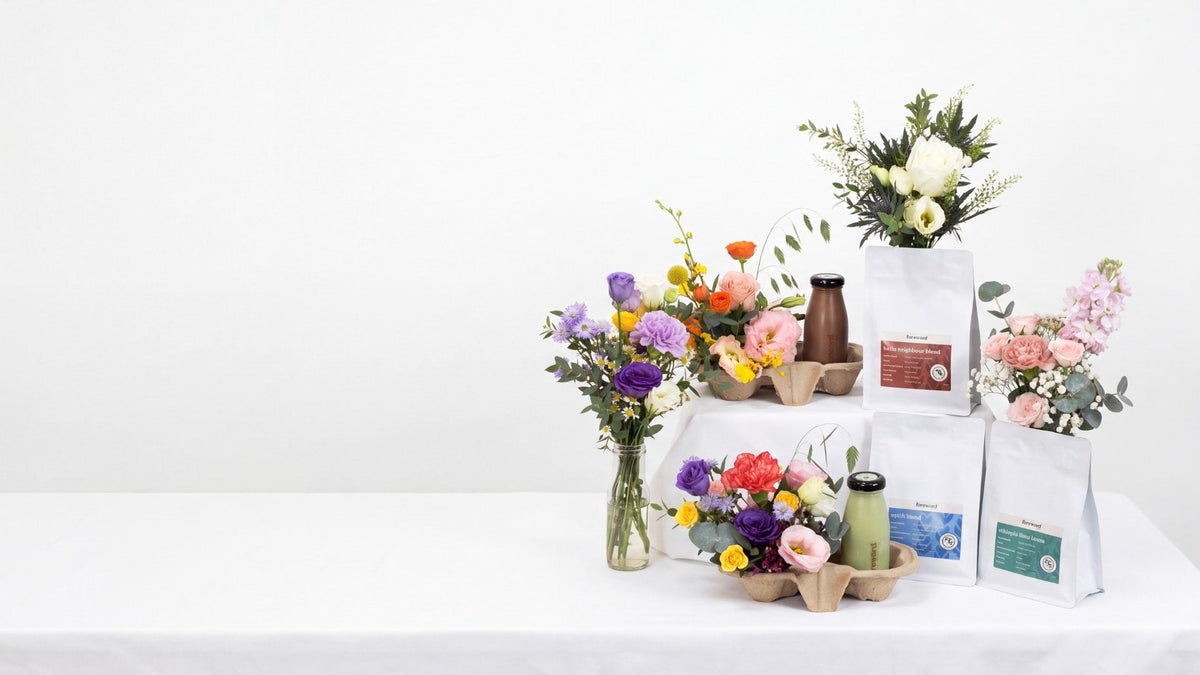 Windflower flower cupholders and glass vases with Foreword bottled drinks and coffee beans