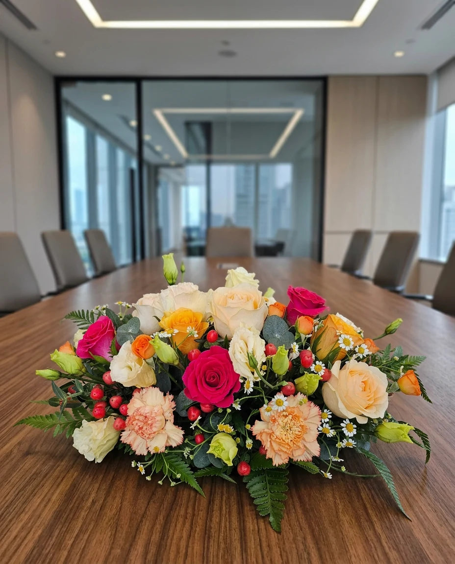 Corporate boardroom floral centerpiece arrangement on a meeting table in a modern office | Windflower Florist