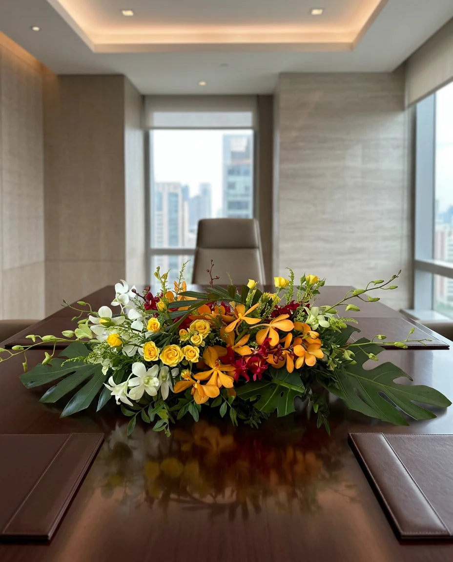 Corporate boardroom floral centerpiece arrangement on a meeting table in a modern office | Windflower Florist