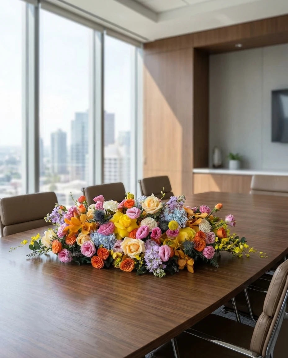 Corporate boardroom floral centerpiece arrangement on a meeting table in a modern office | Windflower Florist
