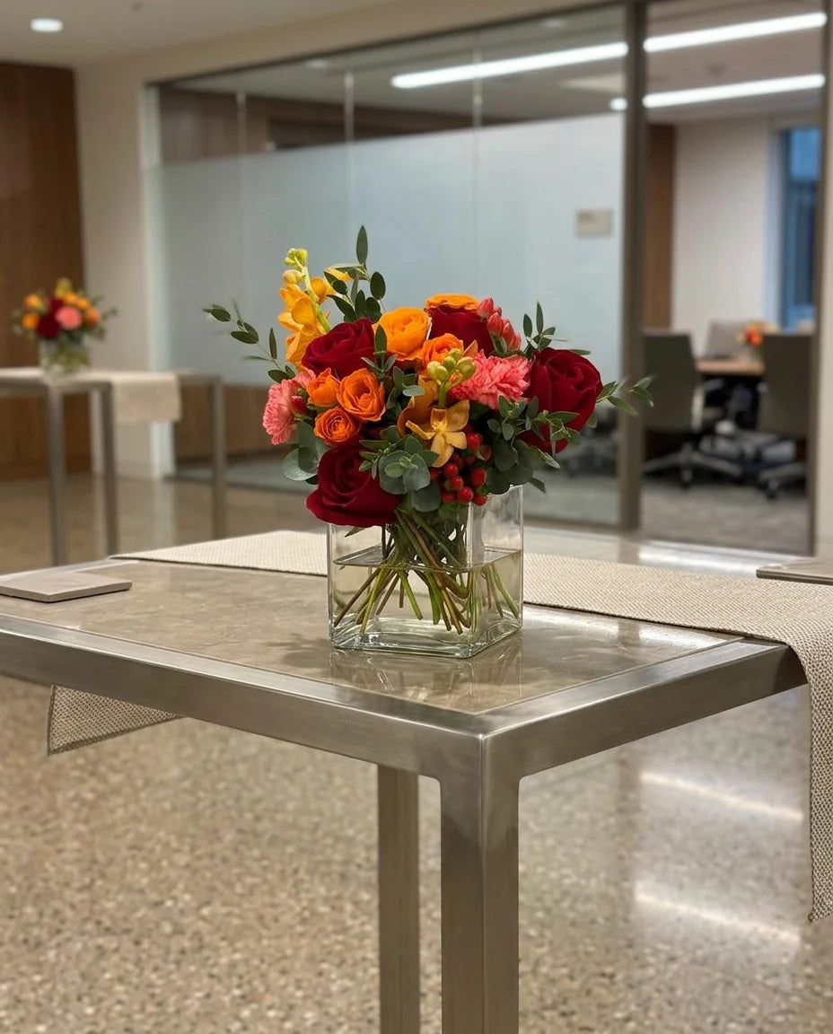 Corporate cocktail table flower arrangements in a modern office lobby event setting