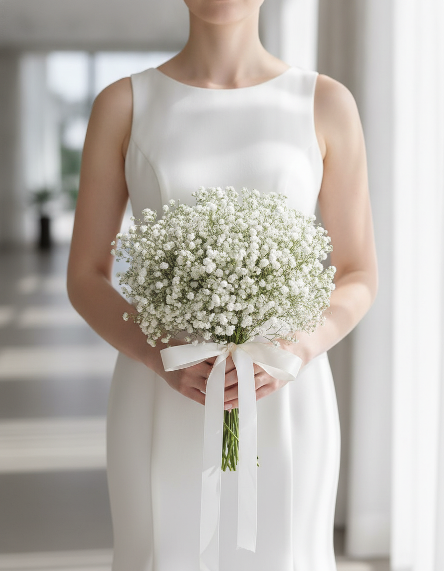 Modern bride holding the Baby's Breath Bridal Bouquet