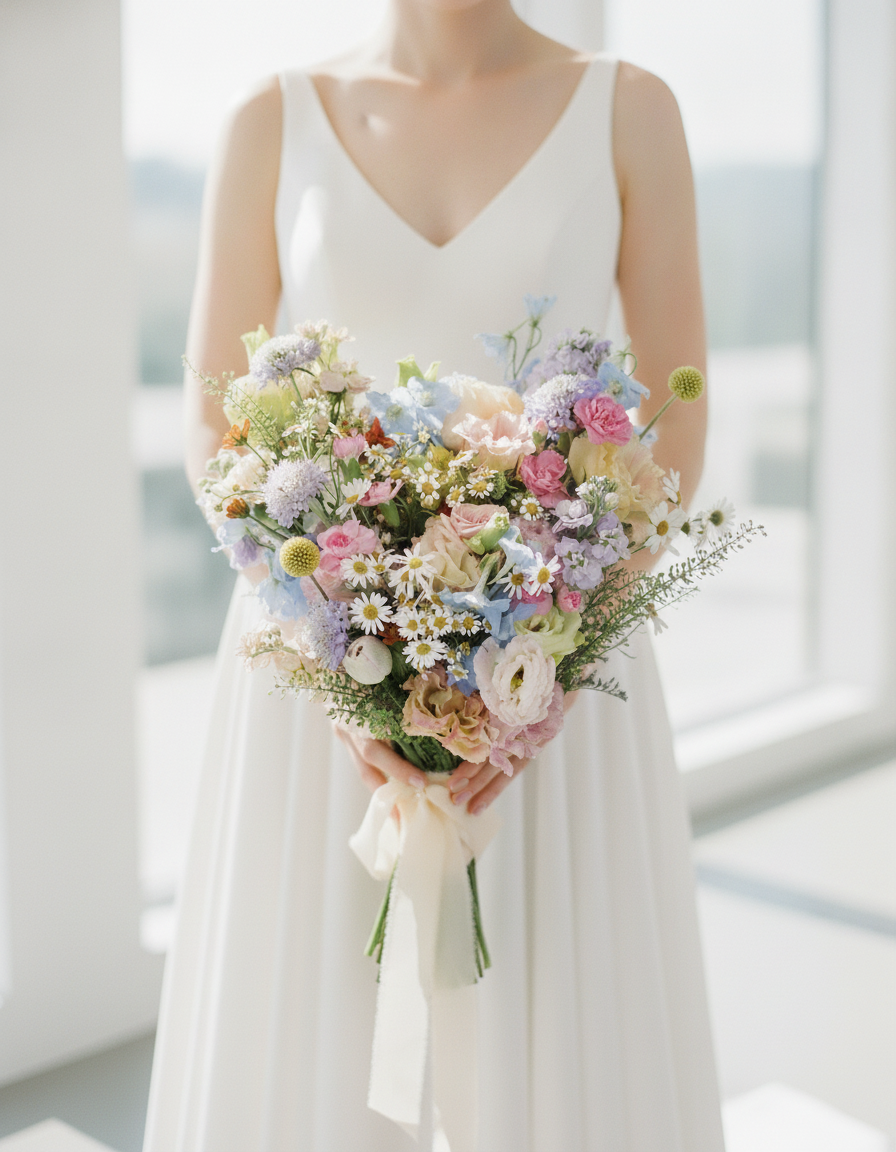 Modern bride holding the Wildflower Whimsy Bridal Bouquet