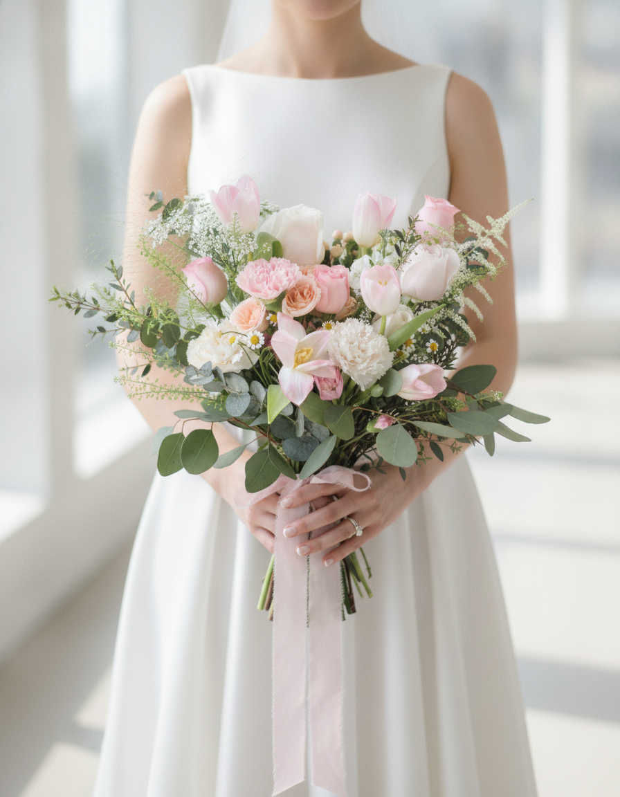 Modern bride holding the Rose Quartz Bridal Bouquet