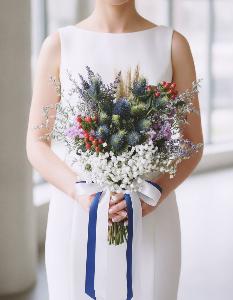 Modern bride holding the Eryngium Blooms Bridal Bouquet