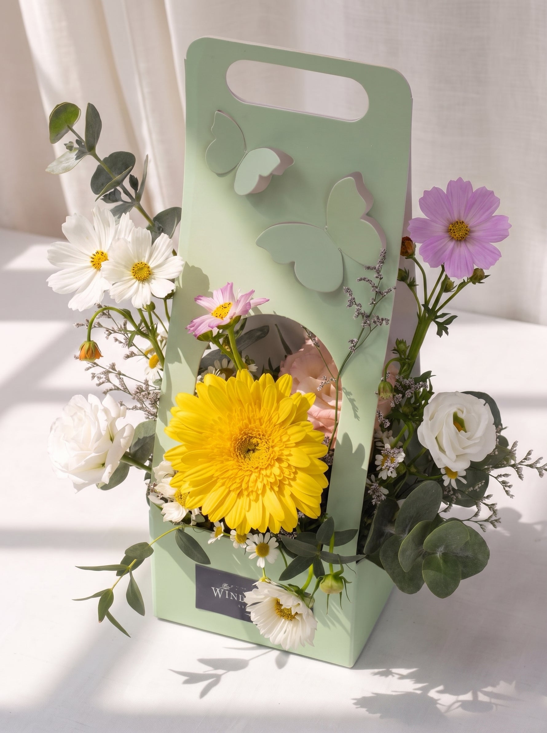 Sunny Side Up box with white and lilac cosmos