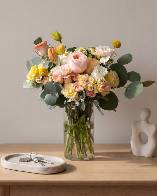 Blossoms Vase — peach and white roses with yellow craspedia and eucalyptus in a clear glass vase