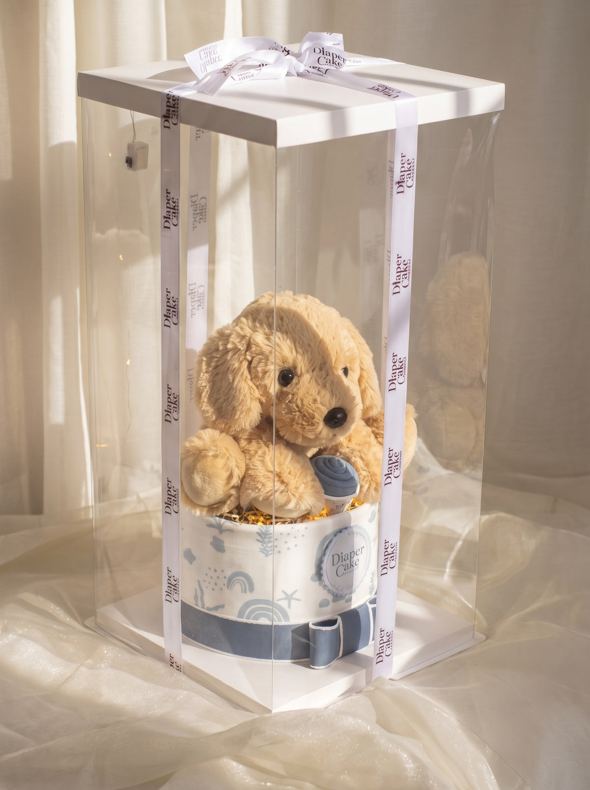 Puppy diaper cake in clear gift box, blue baby boy design