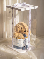Puppy diaper cake in clear gift box, blue baby boy design