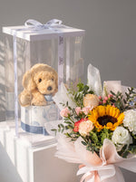 Puppy diaper cake gift box with Bright Smile sunflower bouquet