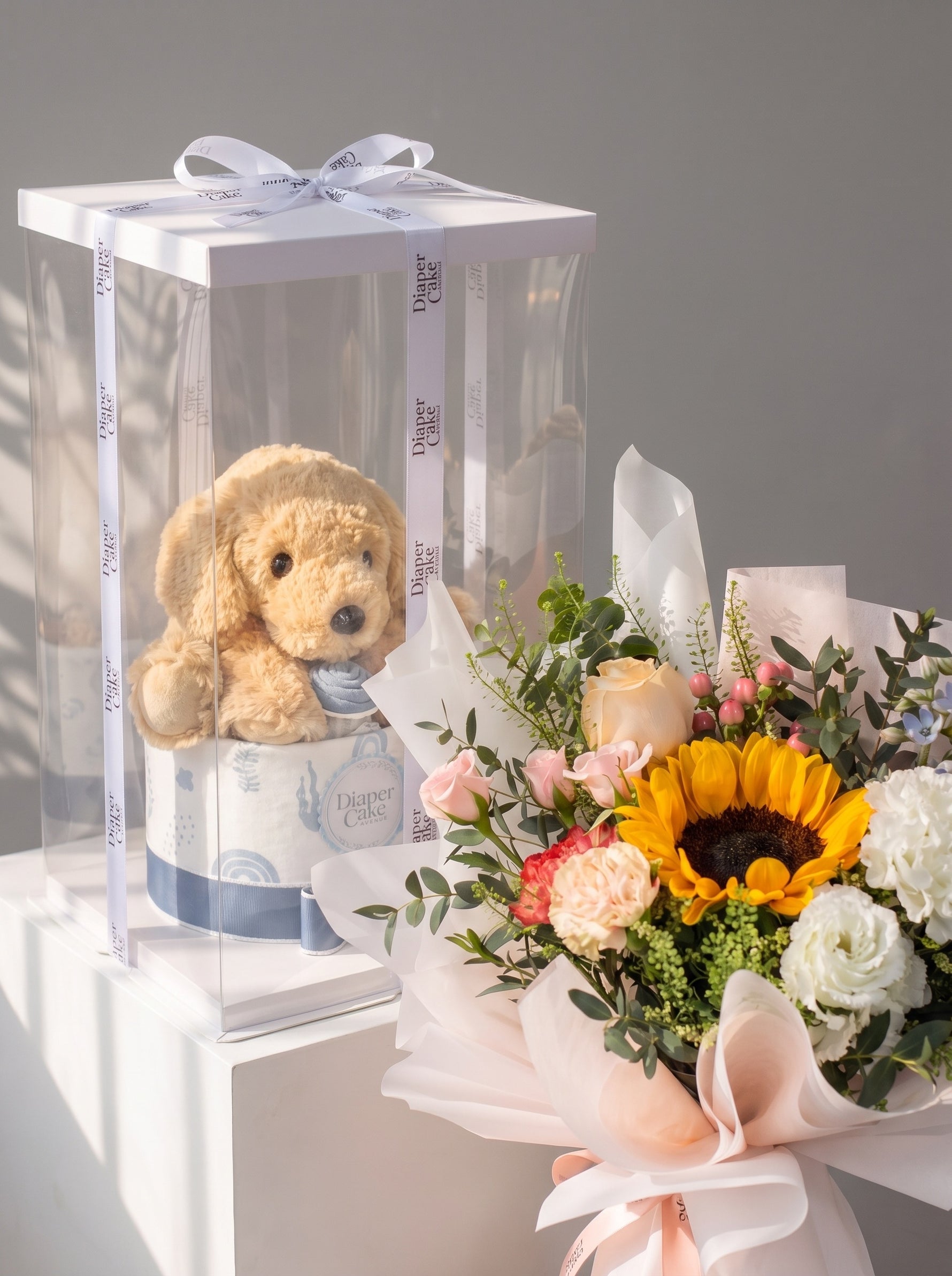 Puppy diaper cake gift box with Bright Smile sunflower bouquet