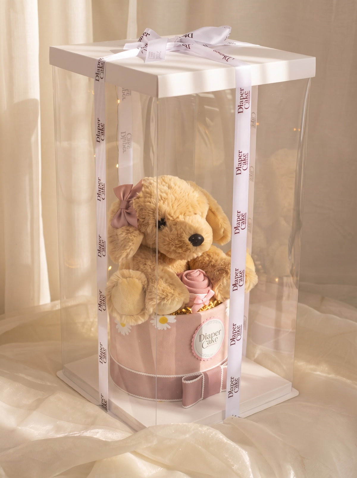 Puppy diaper cake in clear gift box, pink baby girl design