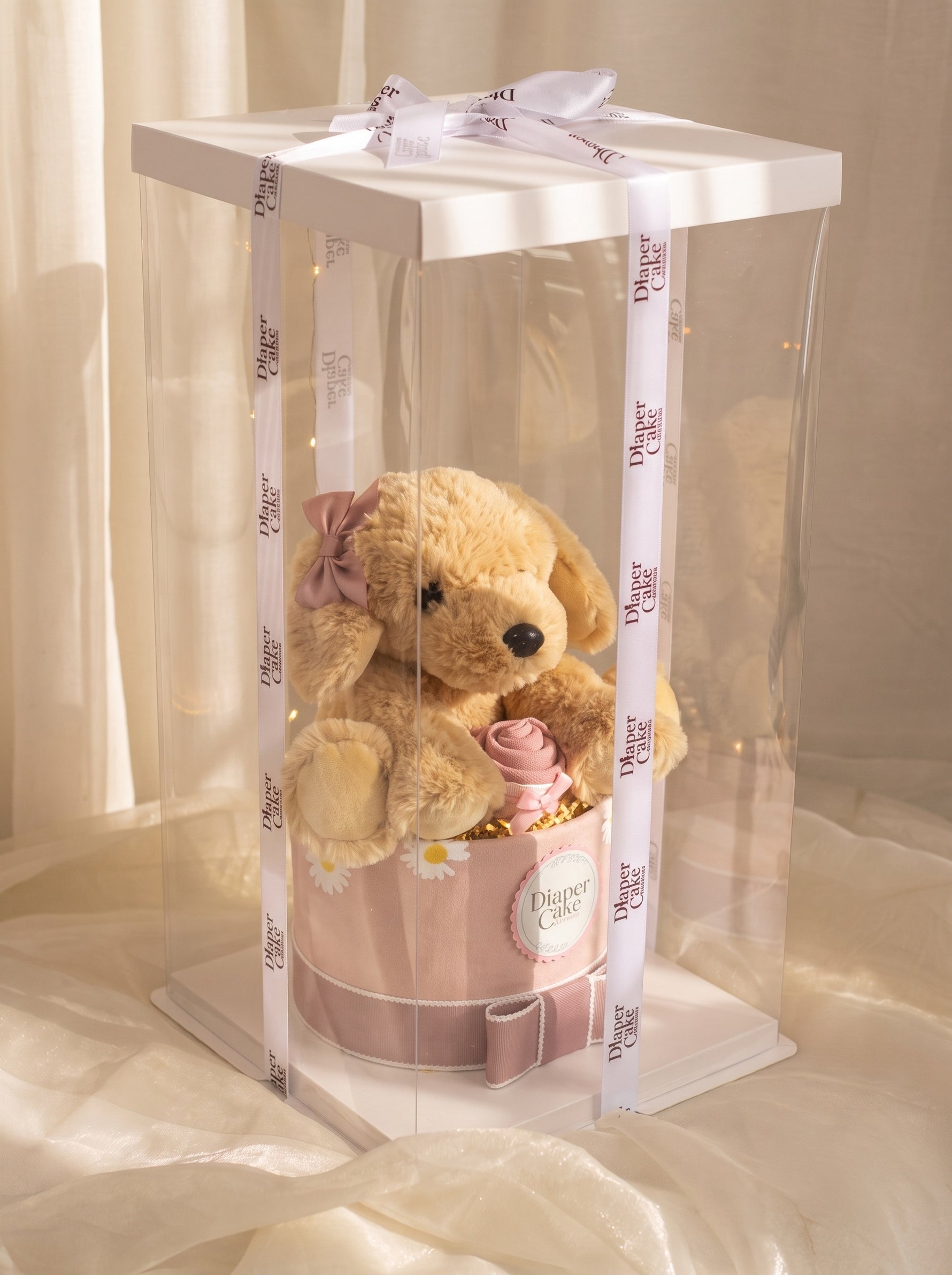 Puppy diaper cake in clear gift box, pink baby girl design