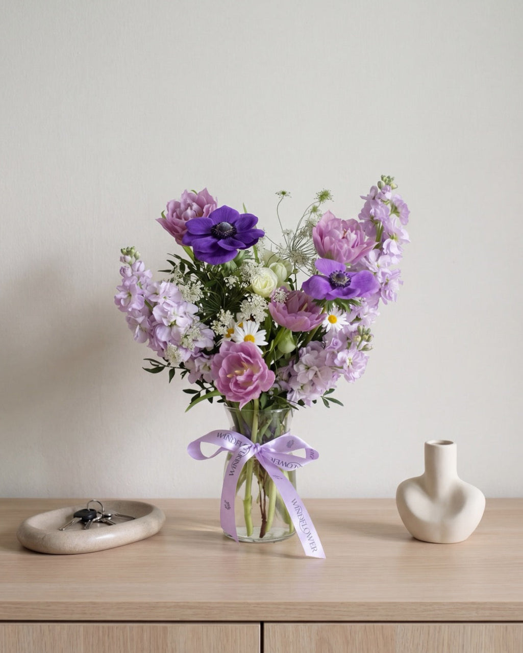 Encore Eclipse Vase — purple anemone vase arrangement by Windflower Florist