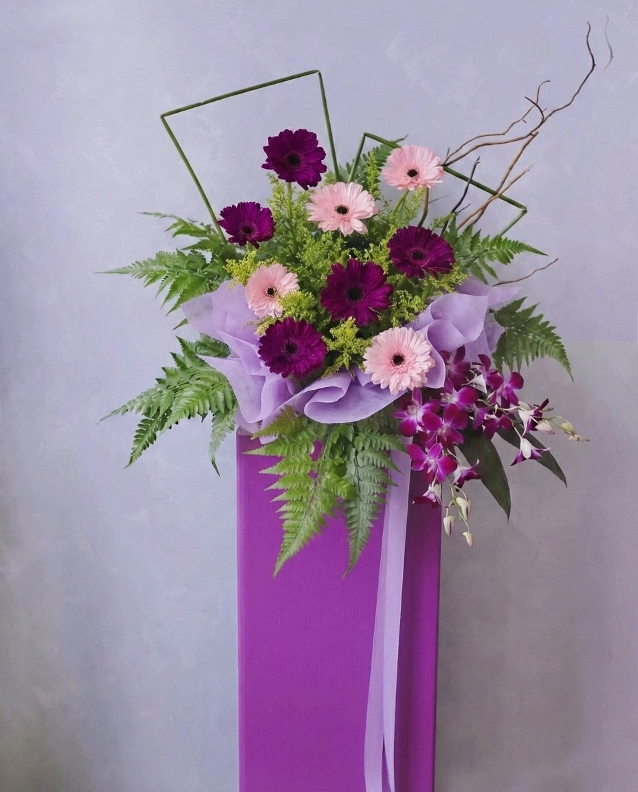 Violet Splendour grand opening flower stand with purple blooms, Singapore same-day delivery