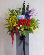  Radiant Success congratulatory flower stand - red gerbera daisies, blue hydrangea, lilac matthiola, yellow orchids