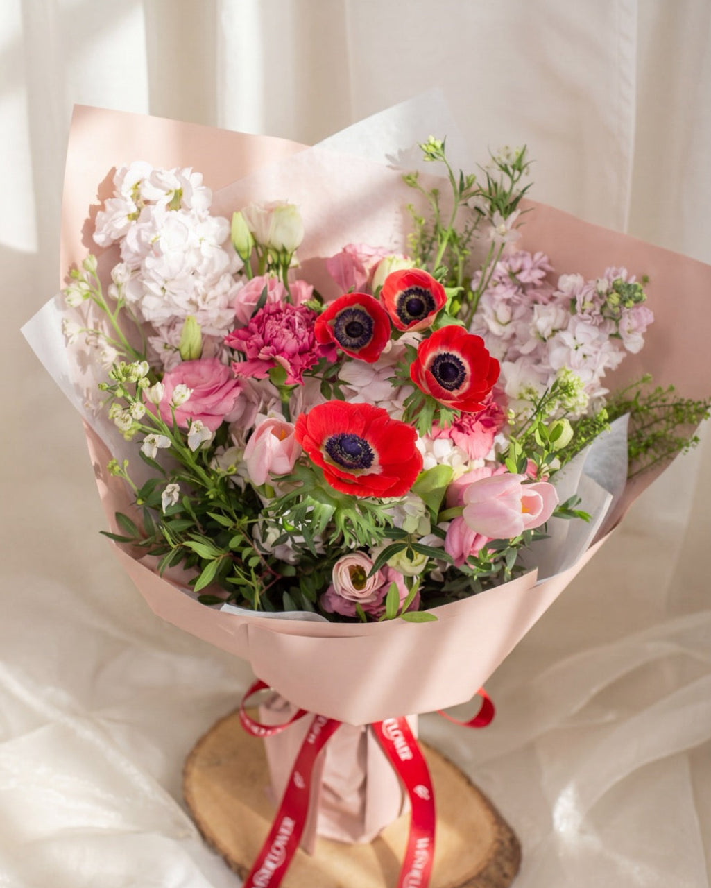 Shady Bloom — red anemone bouquet alternate angle