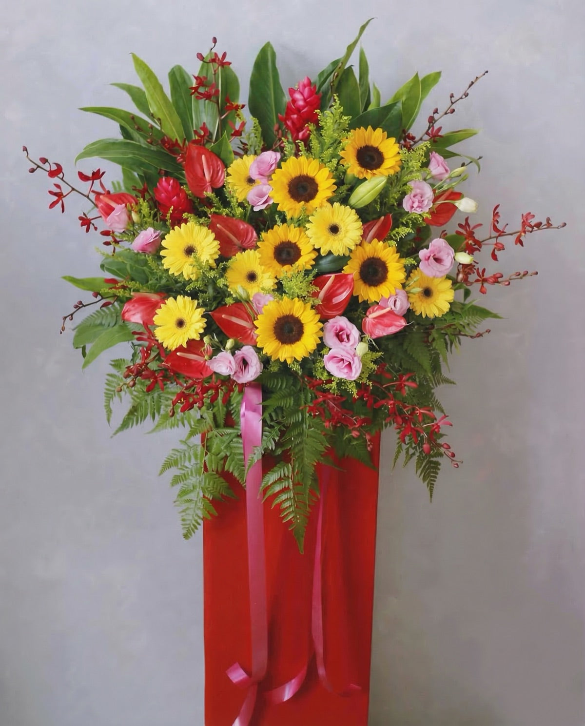 Golden Triumph grand opening flower stand with golden blooms, Singapore same-day delivery