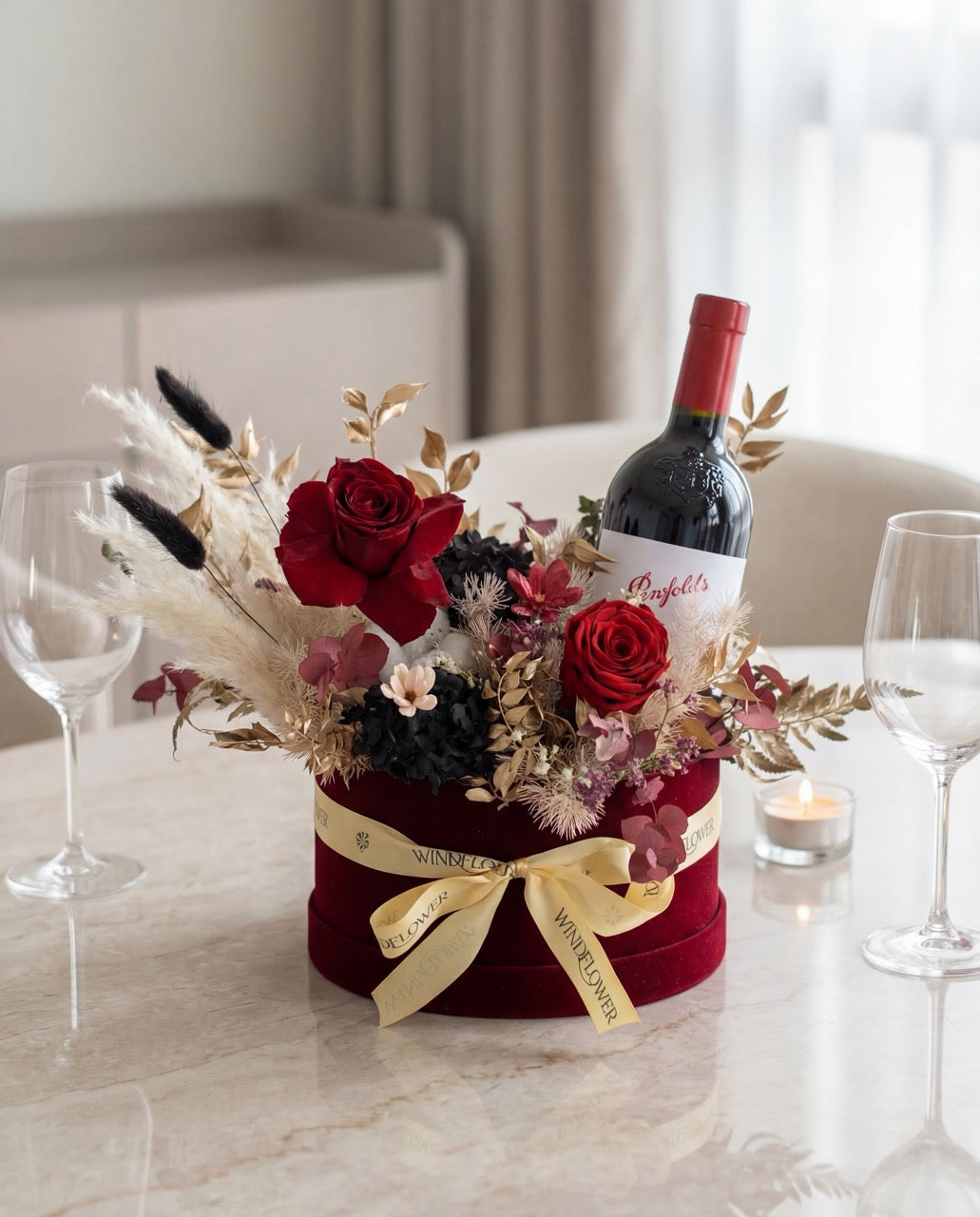 Boite De Fleur Red Wine - Everblooms Preserved Flowers | Free Same-Day Flower Delivery Singapore