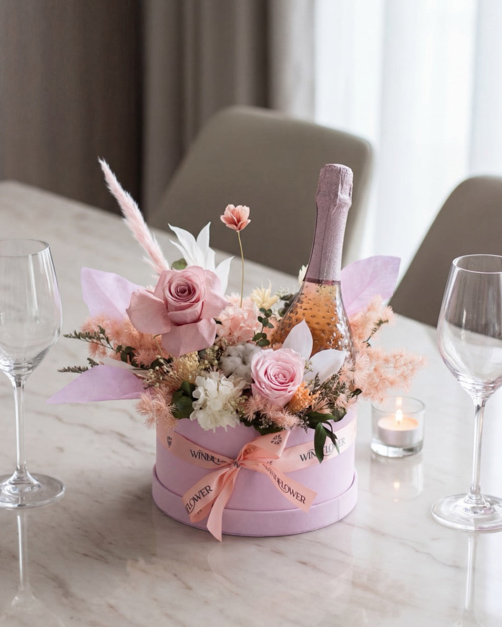 Boite De Fleur Prosecco - Everblooms Preserved Flowers | Free Same-Day Flower Delivery Singapore