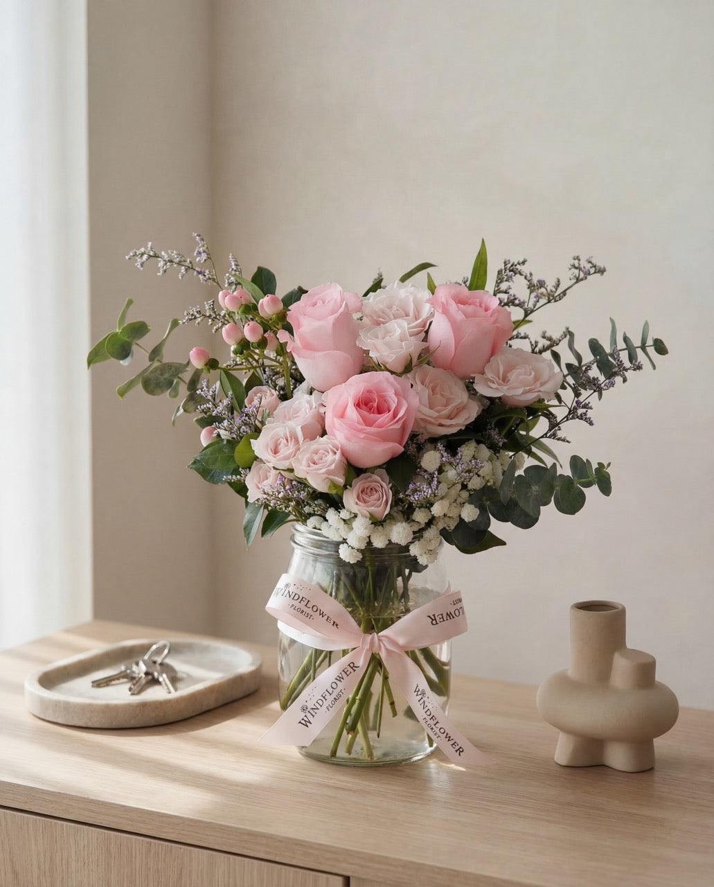 Pastel Hearts flower vase arrangement in soft pastel tones.