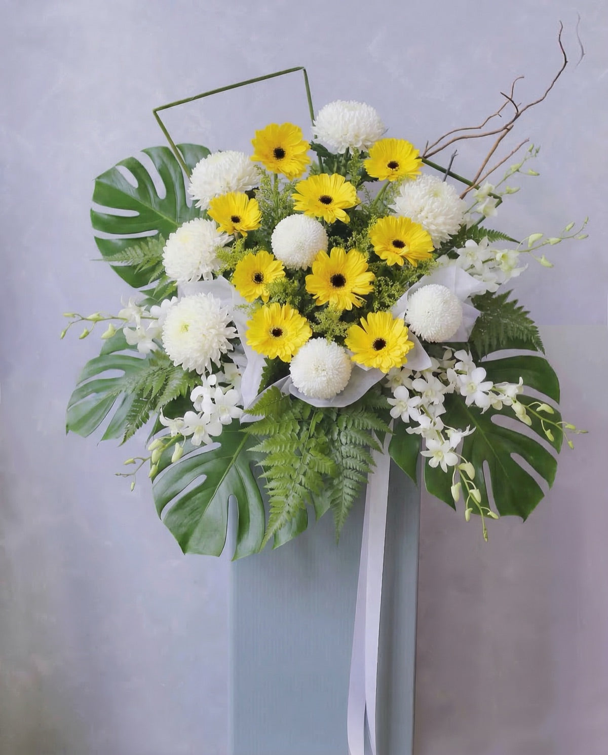 Quiet Solemnity condolence wreath with white chrysanthemums and orchids, Singapore same-day delivery