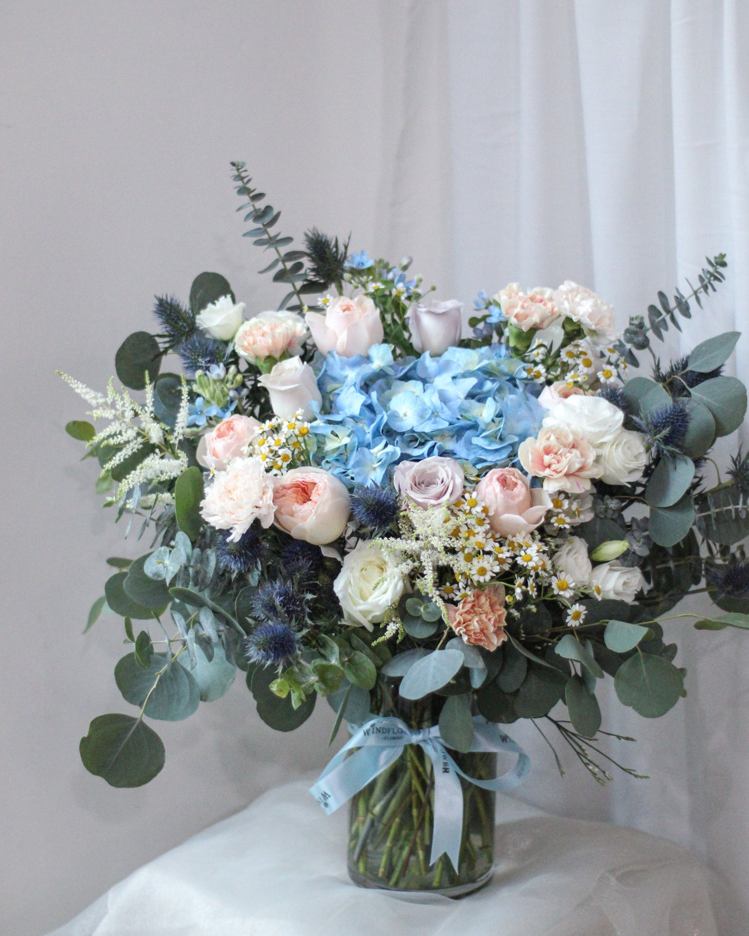 Celestial Blue Romance Flower Vase Arrangement | Free Same-Day Flower Delivery Singapore