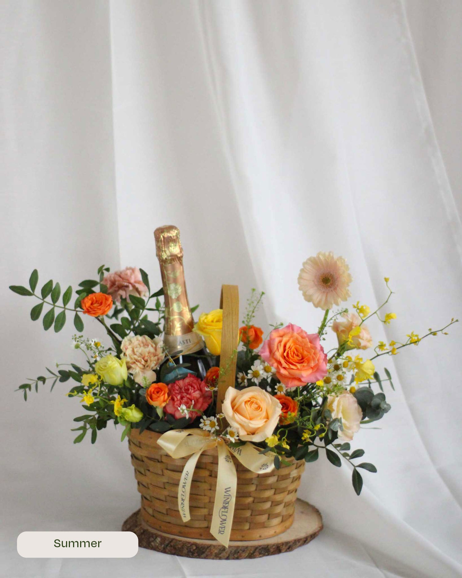 Daily Surprise in a Basket - Fresh Flowers & Celebratory Cheers Gift Hamper by Windflower Florist Singapore