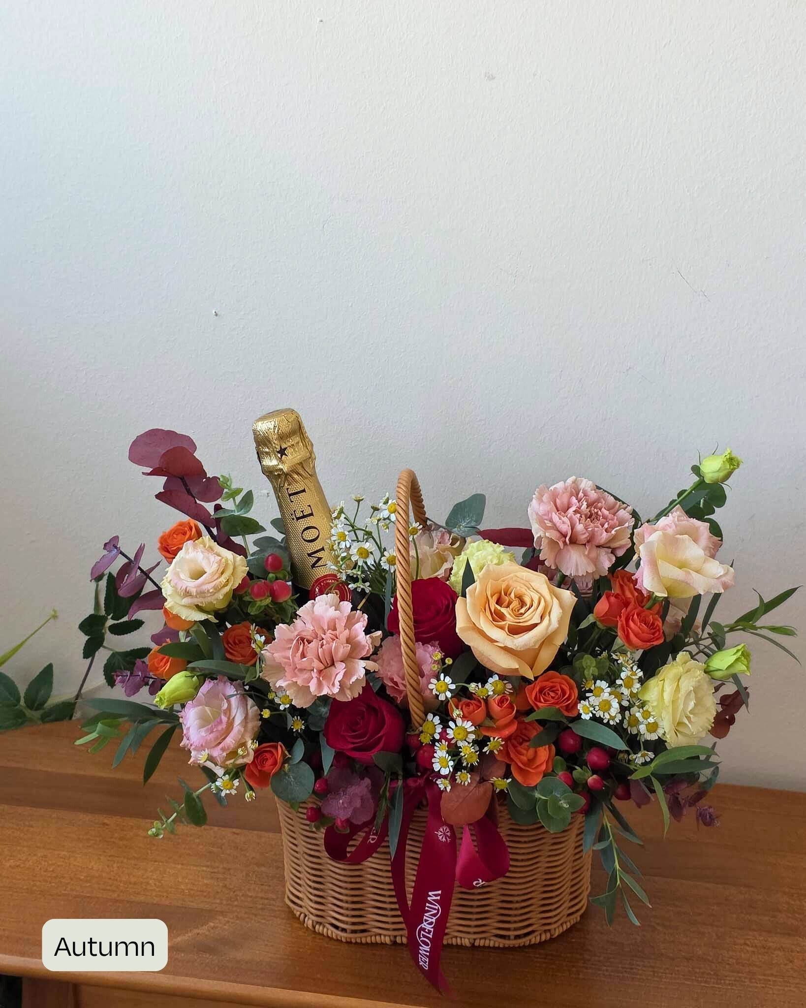 Daily Surprise in a Basket - Fresh Flowers & Celebratory Cheers Gift Hamper | Free Same-Day Flower Delivery Singapore